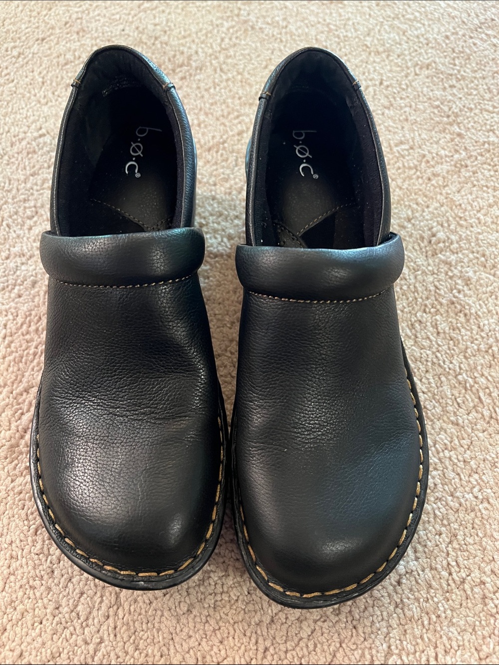 b.o.c. Black Leather Slip-On Women's Clogs with Contrast Stitching